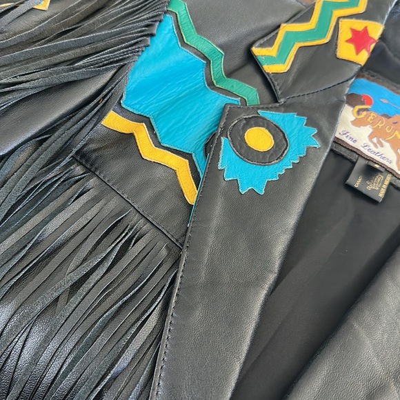 VINTAGE GERUNIMU LEATHER NATIVE INDIAN CHIEF FRINGE BLAZER JACKET SZ S, Mexico - Picture 10 of 12